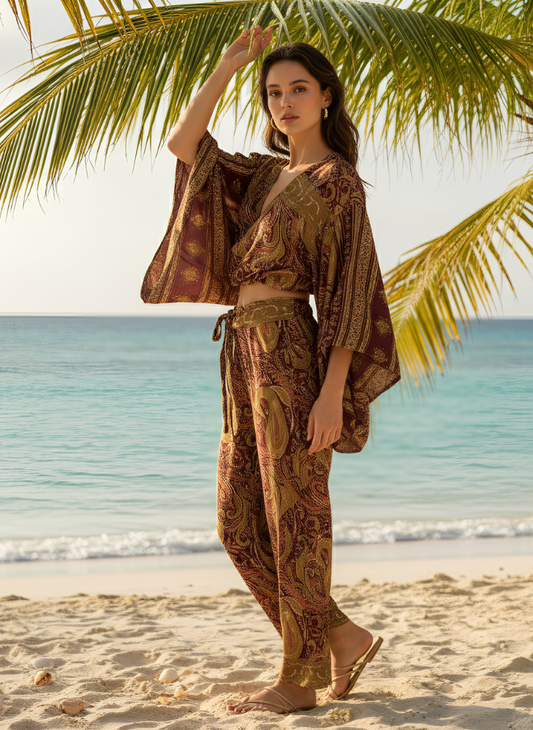 HAILEY BURGUNDY GOLD PRINTED WRAP TOP & TROUSER SET