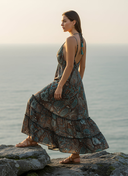 HI-LOW, DEEP BACK, LONG DRESS WITH DRAWSTRING UNDERBUST -RED BLUE