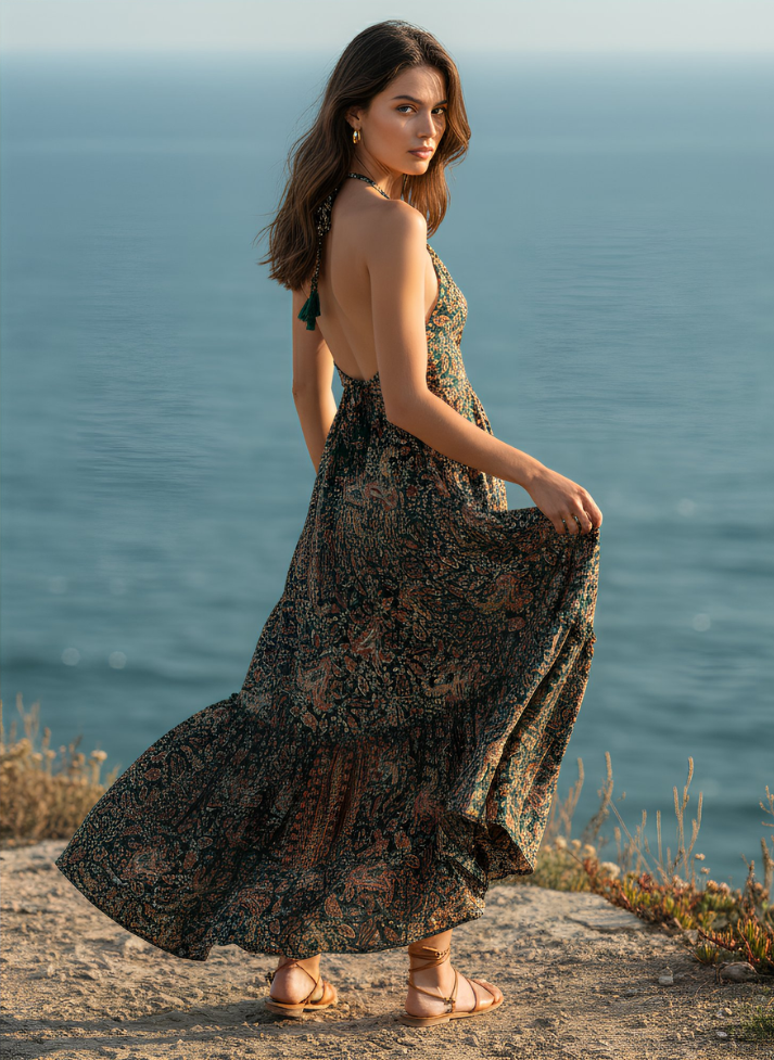 HI-LOW, DEEP BACK, LONG DRESS WITH DRAWSTRING UNDERBUST - NAVY PINK BLUE