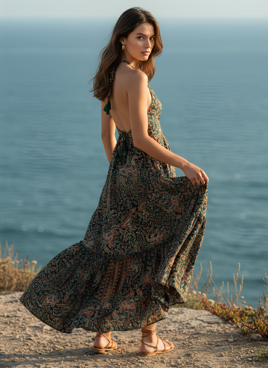 HI-LOW, DEEP BACK, LONG DRESS WITH DRAWSTRING UNDERBUST - NAVY PINK BLUE