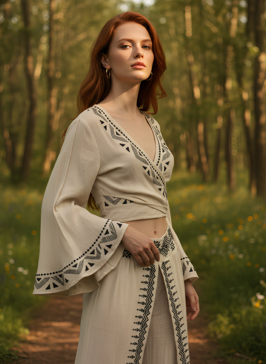 ASH IVORY COLOR FRONT SPLIT TROUSER AND WRAP TOP SET