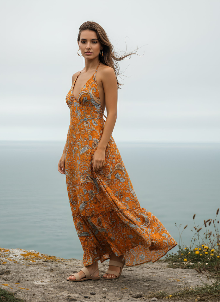 HI-LOW, DEEP BACK, LONG DRESS WITH DRAWSTRING UNDERBUST - ORANGE GREEN