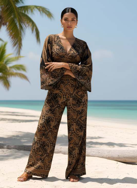 HAILEY BLACK-ORANGE PRINTED WRAP TOP & TROUSER SET
