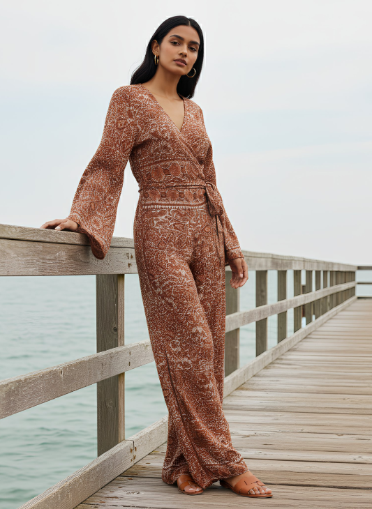 Rust Print Wrap Top and Side Split Trouser Set RED CREAM