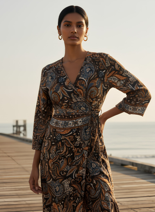 Rust Print Wrap Top and Side Split Trouser Set Brown Orange Blue