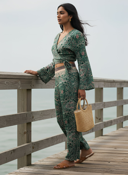 Rust Print Wrap Top and Side Split Trouser Set GREEN PINK