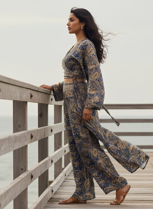 Rust Print Wrap Top and Side Split Trouser Set BLUE PINK GREEN