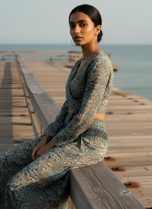 Rust Print Wrap Top and Side Split Trouser Set GREEN PINK