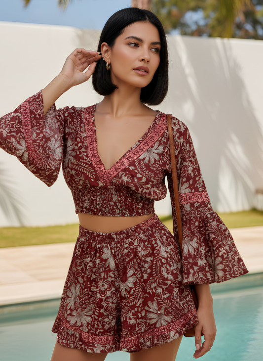 EMMA Earth-Tone Print Halter Crop Top and Skort Set RED GOLD