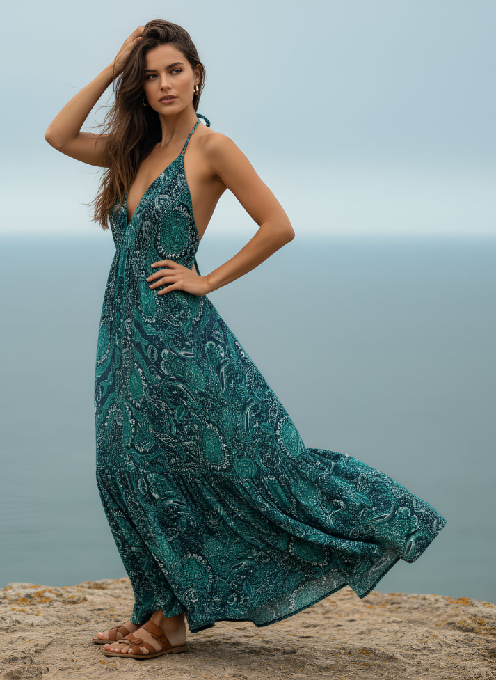 HI-LOW, DEEP BACK, LONG DRESS WITH DRAWSTRING UNDERBUST -BLUE GREEN