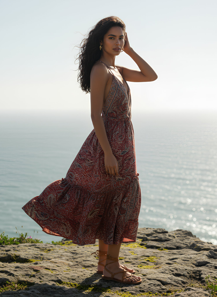 HI-LOW, DEEP BACK, LONG DRESS WITH DRAWSTRING UNDERBUST -PINK RED