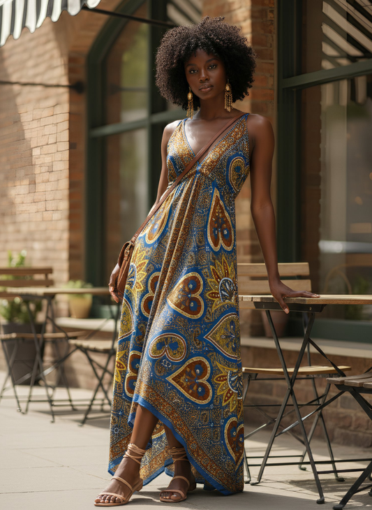 ALAYA BLUE MULTI HANKY HEM MAXI DRESS