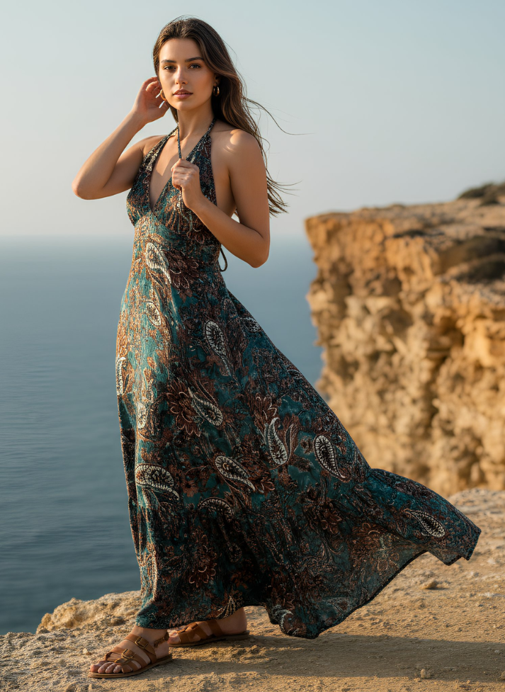 HI-LOW, DEEP BACK, LONG DRESS WITH DRAWSTRING UNDERBUST - BLUE ORANGE