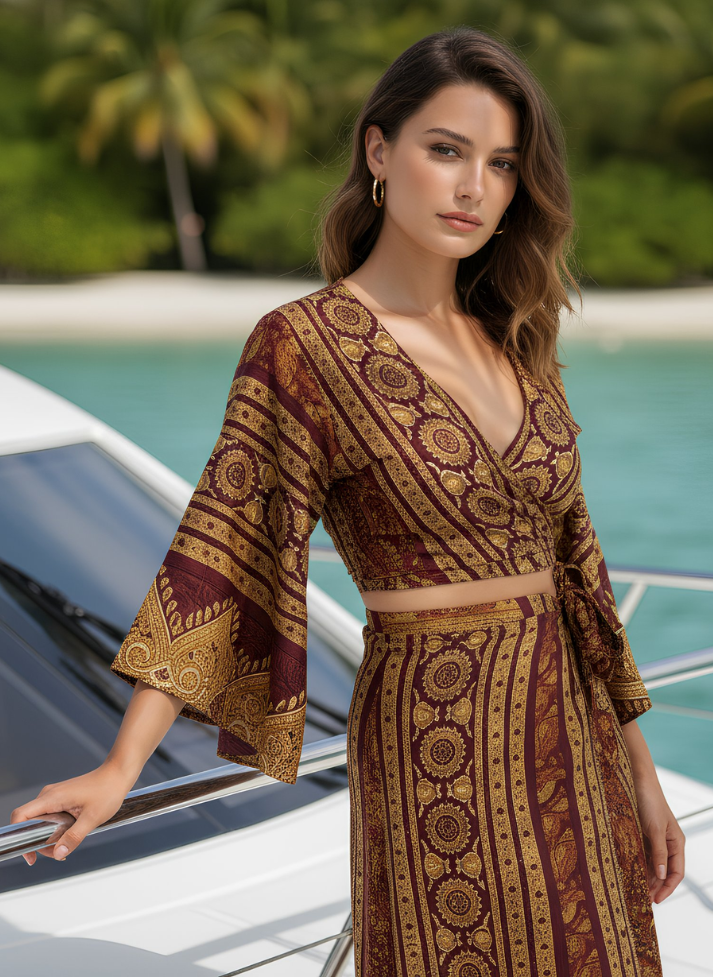 HAILEY BURGUNDY GOLD PRINTED WRAP TOP & TROUSER SET