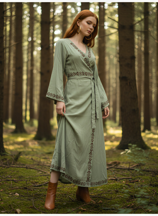 ASH SAGE COLOR LONG SLEEVED WRAP DRESS