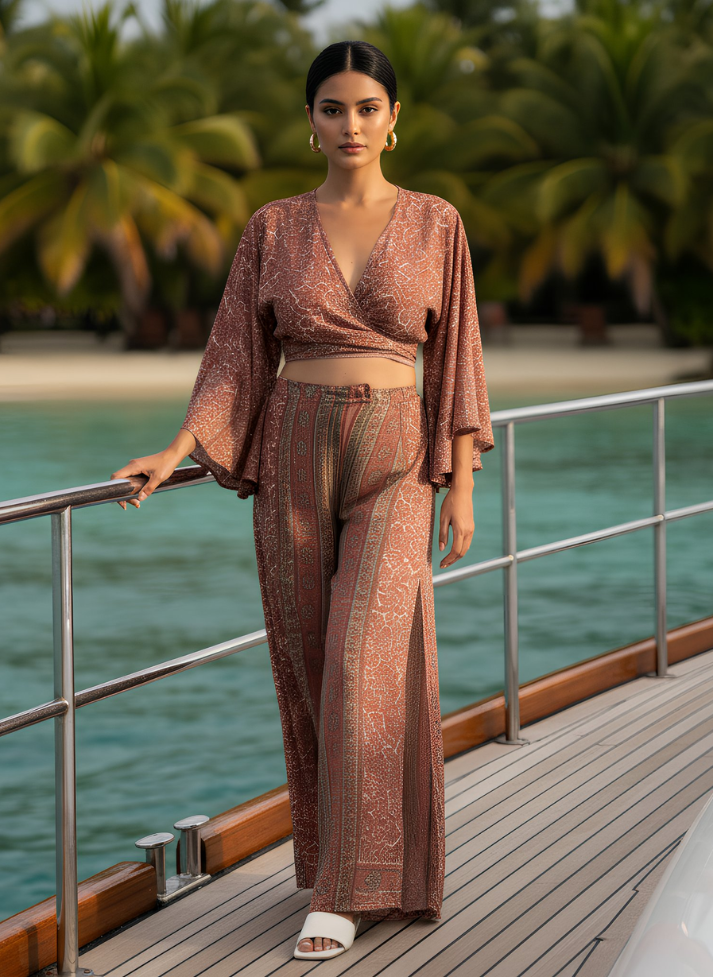 HAILEY PINKISH PRINTED WRAP TOP & TROUSER SET