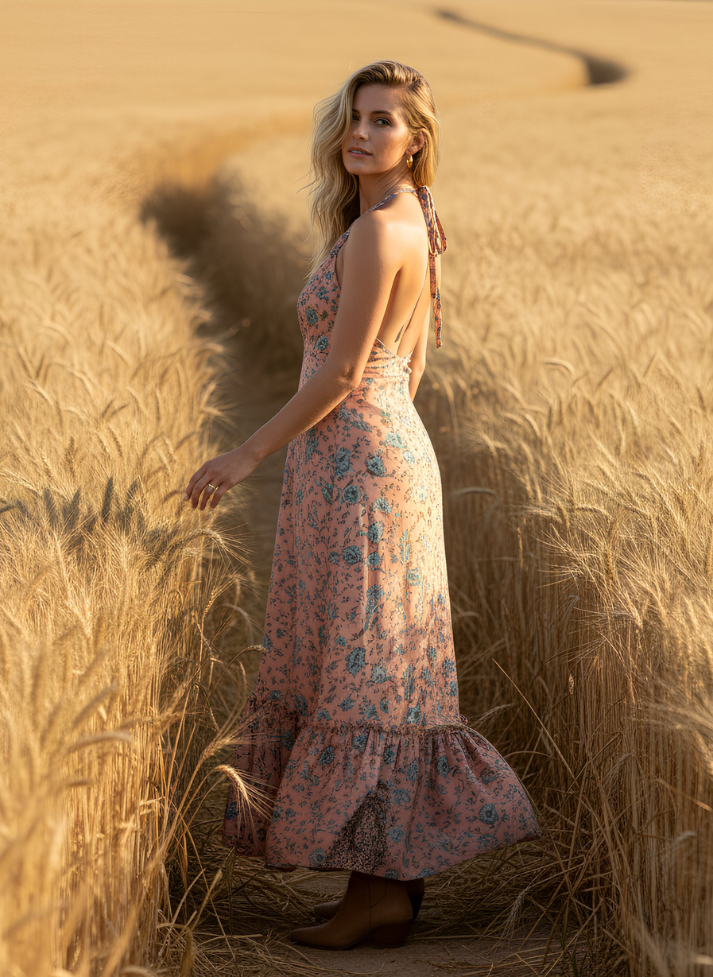 HALTER NECK DRAW STRING BACK DRESS IN PINK COLOR