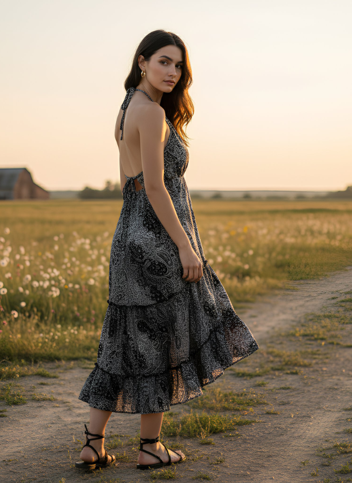 ZENA HALTER NECK BOHO MAXI DRESS – SILVER BLACK