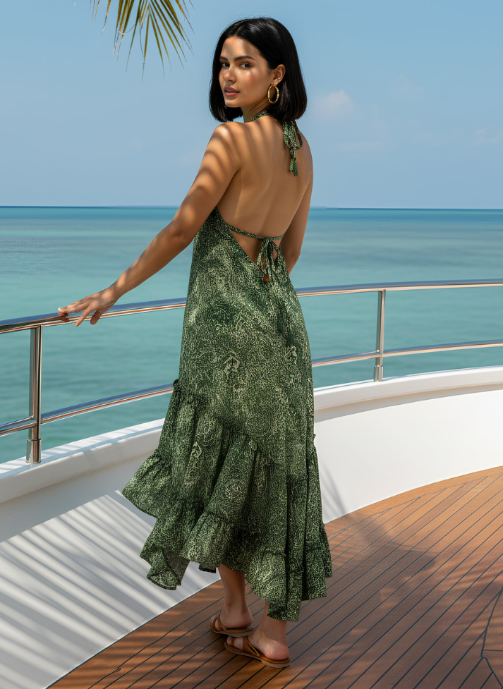 ZENA HALTER NECK BOHO MAXI DRESS – GREEN GOLD