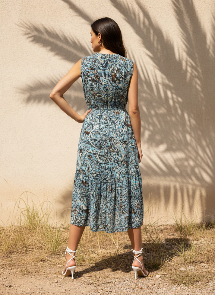 Hi-Lo Expandable Under-Bust Ribbed Paisley Dress