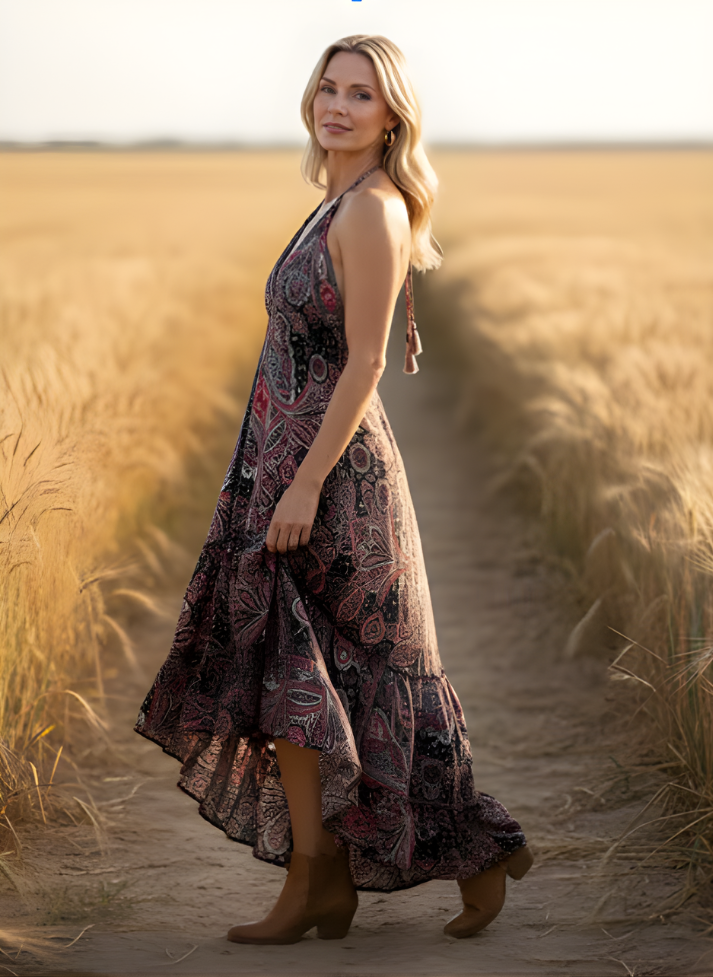 HALTER NECK DRAW STRING BACK DRESS IN BLACK RED ORANGE COLOR