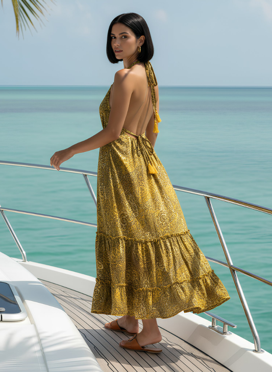 ZENA HALTER NECK BOHO MAXI DRESS – YELLOW ORANGE