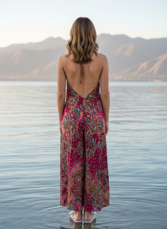 Bohemian Pink Green Mix Paisley Maxi Dress
