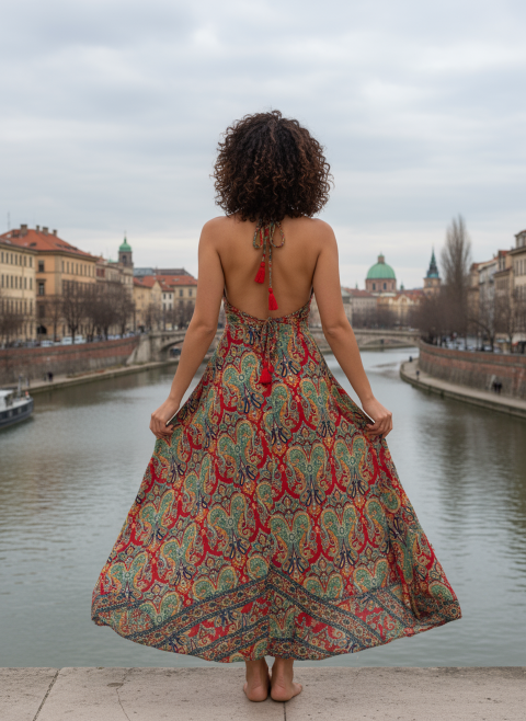 Bohemian Red Green Paisley Maxi Dress
