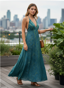 A LINE HALTER NECK WITH UNDERBUST DRAWSTRING AND ADJUSTABLE NECK TIE DRESS