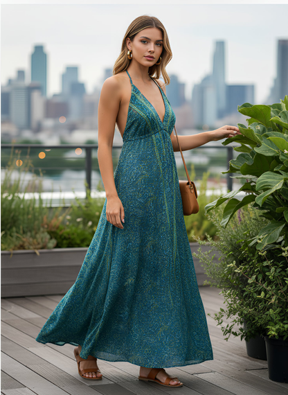 A LINE HALTER NECK WITH UNDERBUST DRAWSTRING AND ADJUSTABLE NECK TIE DRESS