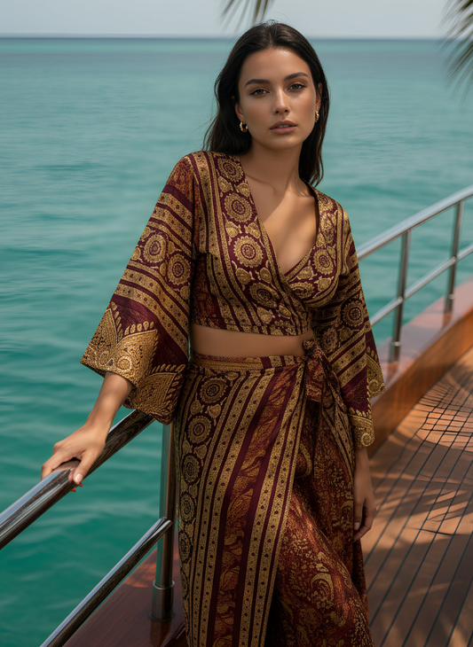 HAILEY BURGUNDY GOLD PRINTED WRAP TOP & TROUSER SET