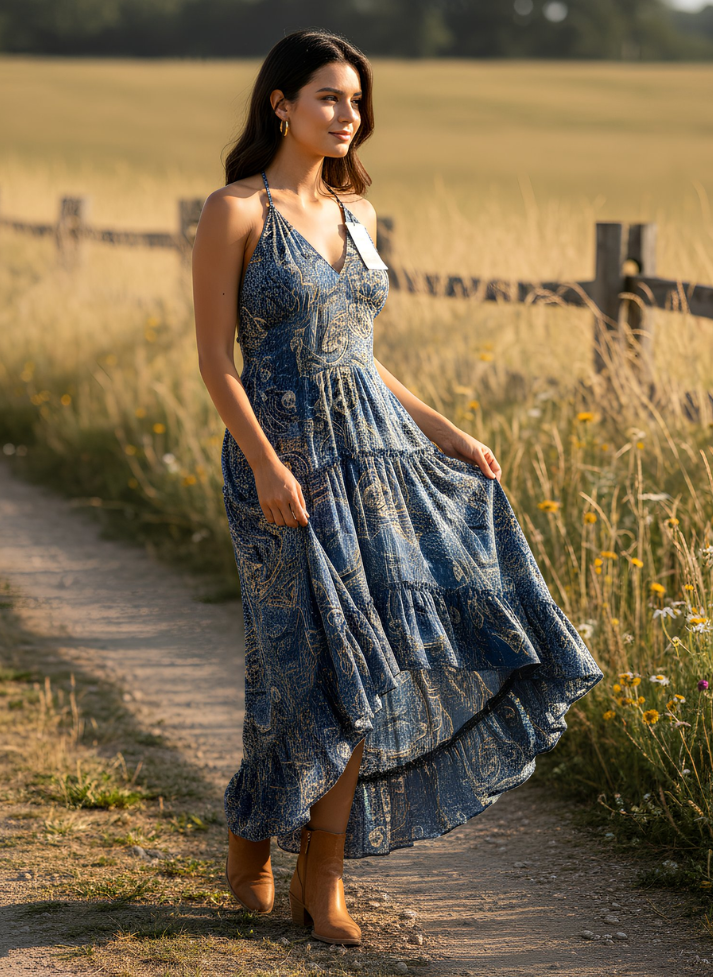 ZENA HALTER NECK BOHO MAXI DRESS – BLUE GOLD