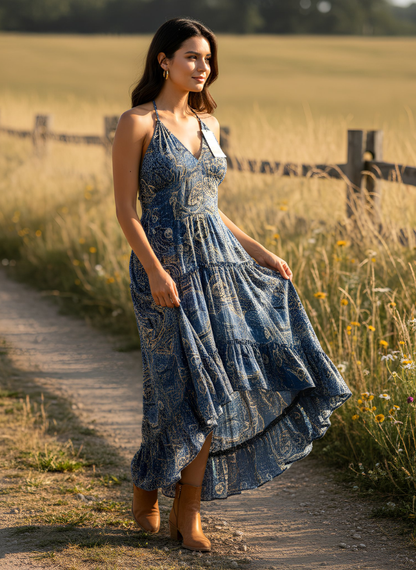 ZENA HALTER NECK BOHO MAXI DRESS – BLUE GOLD