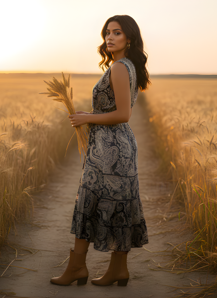 Hi-Lo Expandable Under-Bust Ribbed Paisley Dress