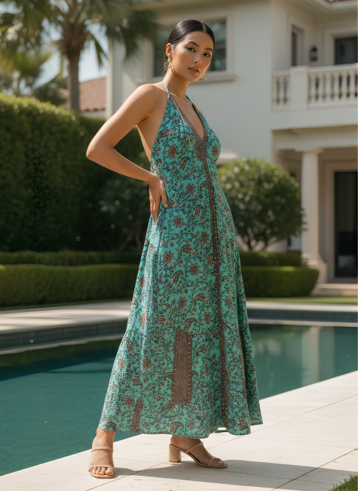 MAYA BOHO PRINT MAXI DRESS -GREEN