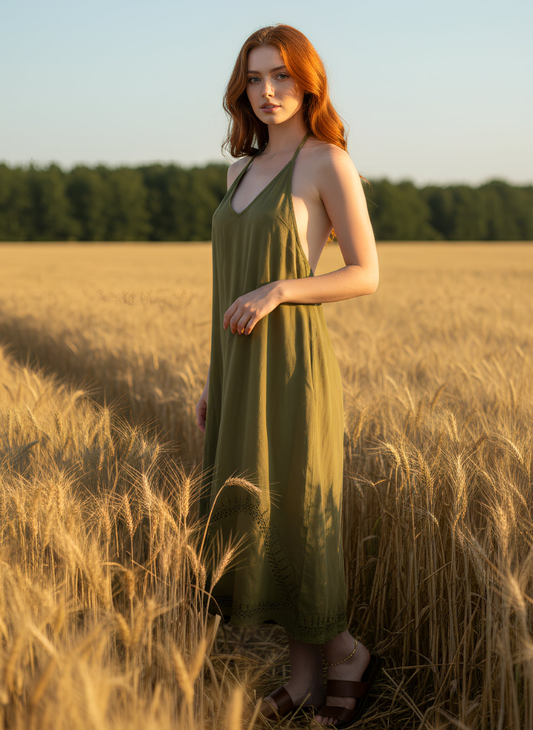 ASH SAND COLOUR HALTER NECK ADJUSTABLE CRISS CROSS STRAP DRESS