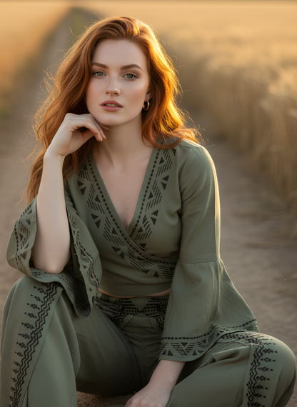 ASH IVORY SAGE FRONT SPLIT TROUSER AND WRAP TOP SET