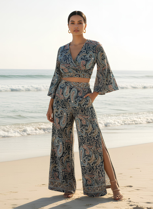 HAILEY NAVY GREEN PINK PRINTED WRAP TOP & TROUSER SET