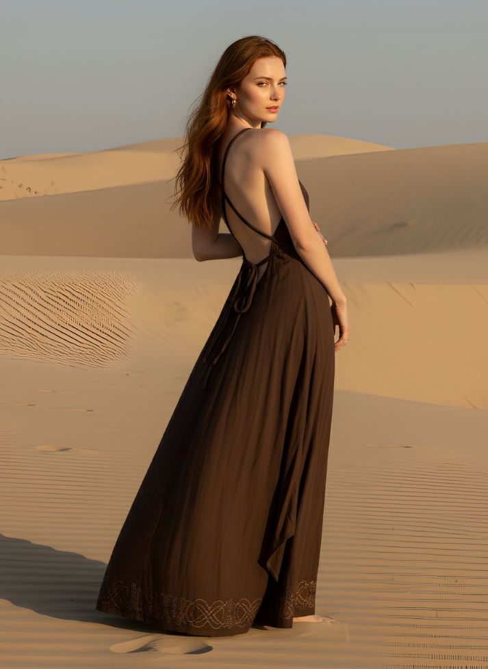 ASH BROWN-COLOR HALTER NECK ADJUSTABLE CRISS CROSS STRAP DRESS