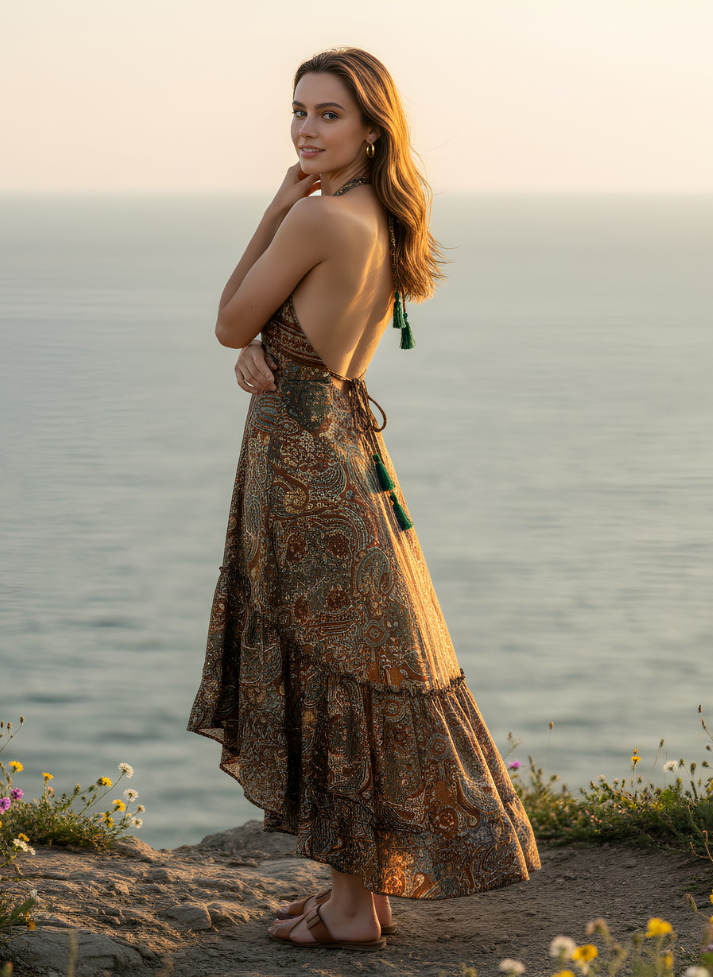 HI-LOW, DEEP BACK, LONG DRESS WITH DRAWSTRING UNDERBUST -RED GREEN GOLD