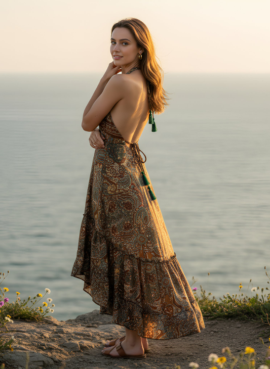 HI-LOW, DEEP BACK, LONG DRESS WITH DRAWSTRING UNDERBUST -RED GREEN GOLD