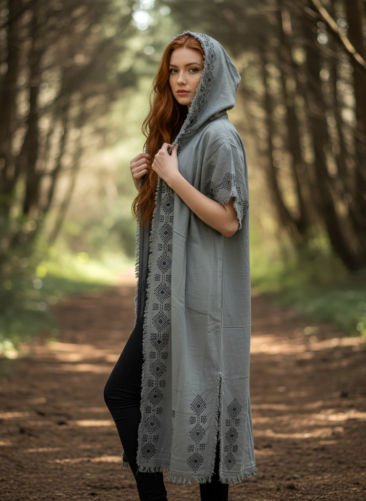 ASH SAGE-COLOR LONG HOODED KIMONO