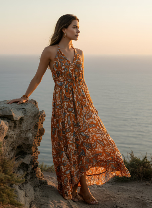 HI-LOW, DEEP BACK, LONG DRESS WITH DRAWSTRING UNDERBUST - WHITE ORANGE