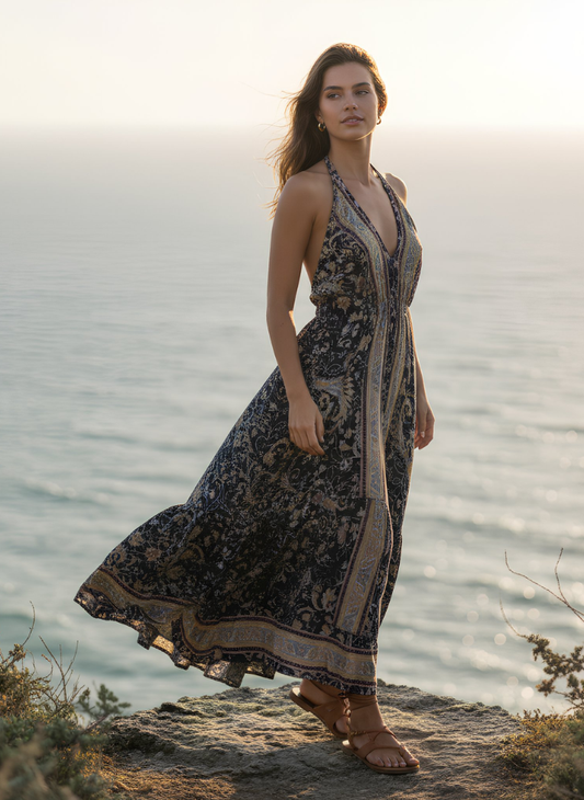 HI-LOW, DEEP BACK, LONG DRESS WITH DRAWSTRING UNDERBUST - NAVY PINK MIX