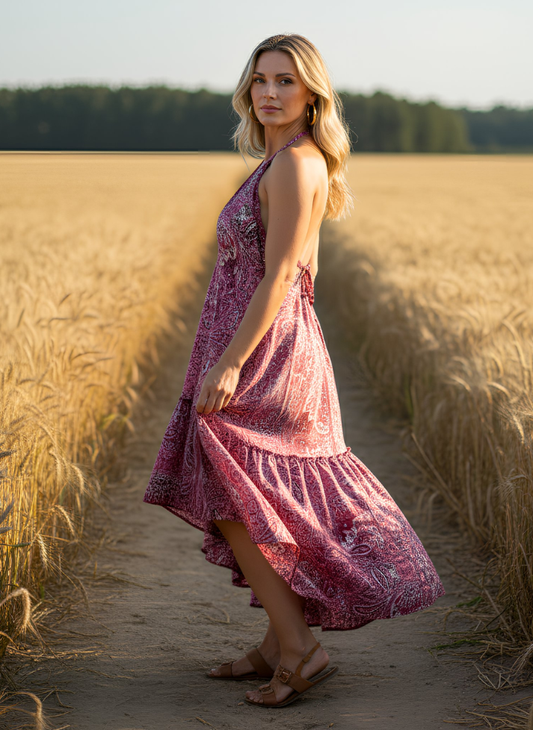 HALTER NECK DRAW STRING BACK DRESS IN PINKMIX COLOR