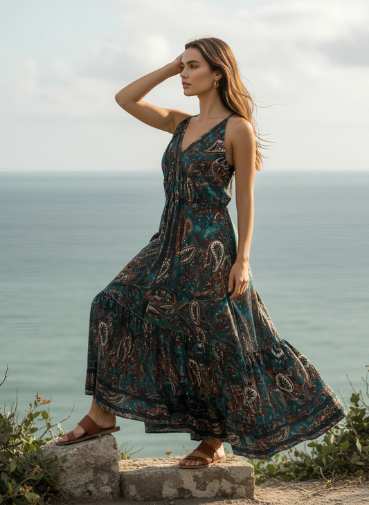 HI-LOW, DEEP BACK, LONG DRESS WITH DRAWSTRING UNDERBUST - BLUE ORANGE