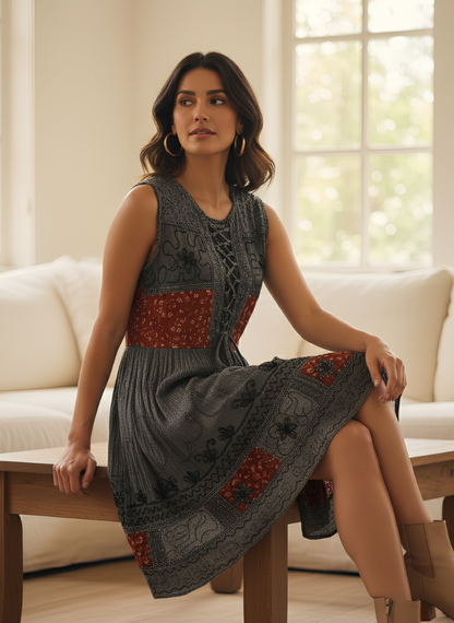 REA Dark Grey Color Embroidered Dress