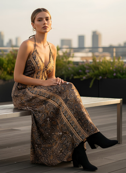 A LINE HALTER NECK WITH UNDERBUST DRAWSTRING AND ADJUSTABLE NECK TIE DRESS