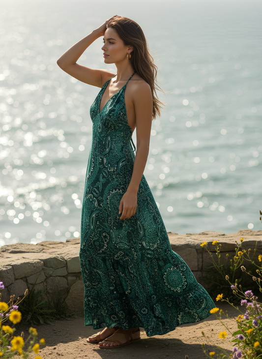 HI-LOW, DEEP BACK, LONG DRESS WITH DRAWSTRING UNDERBUST -BLUE GREEN