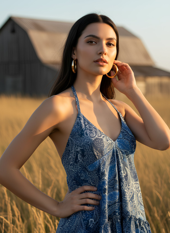 ZENA HALTER NECK BOHO MAXI DRESS – BLUE